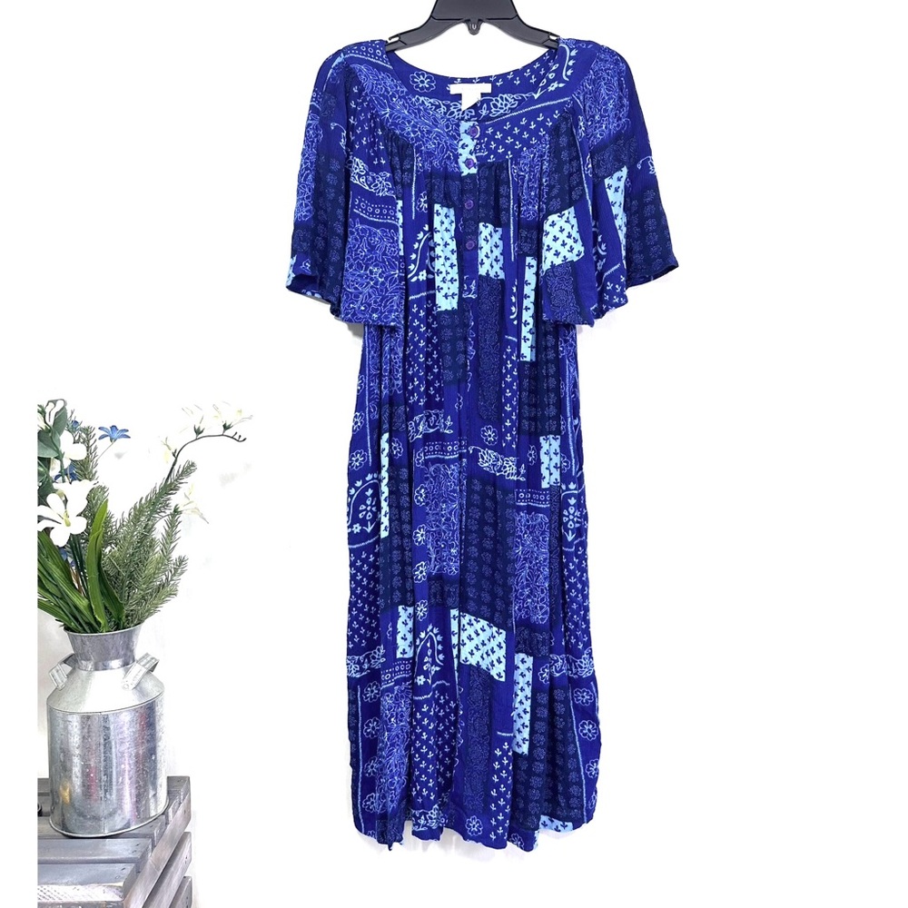 Bechamel Women’s Blue 100% Rayon Bell Sleeves Patchwork Maxi Dress - Size M
